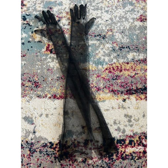 BLACK Mesh Long Opera Ruched Gloves NEW - Picture 6 of 8